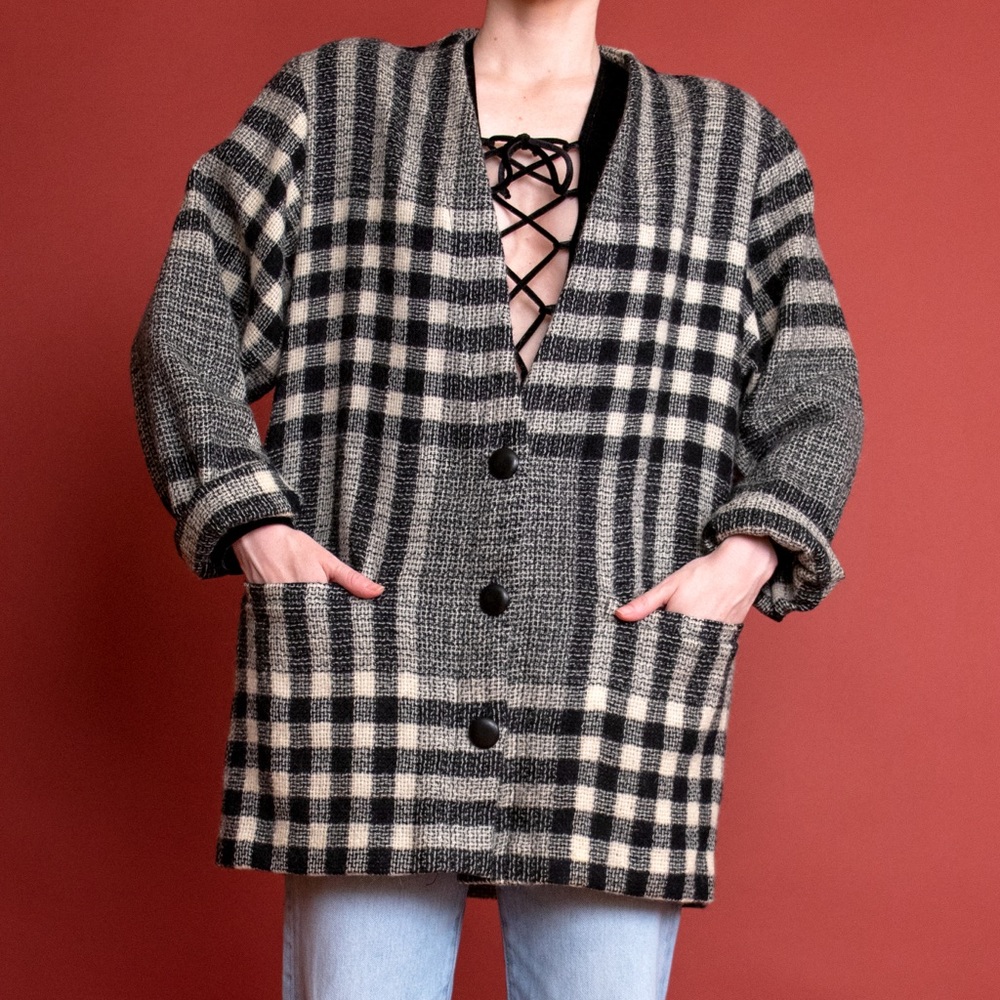 Vintage 80s black white plaid striped wool blazer - Picture 1 of 7